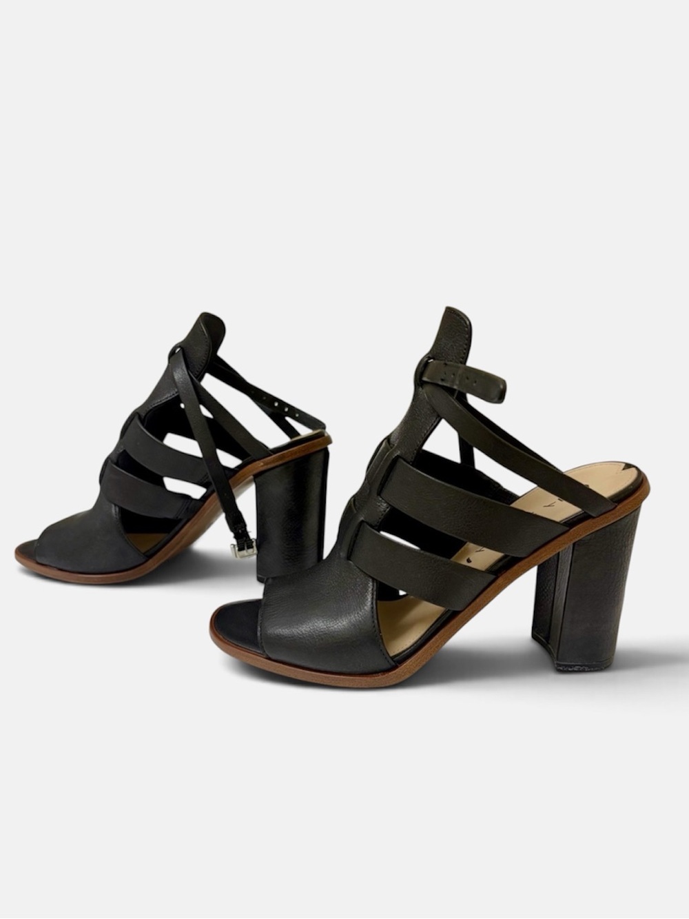 Via Spiga Fae Black Pebbled Leather Block Heel Caged Sandals Size 5.5 US 35.5